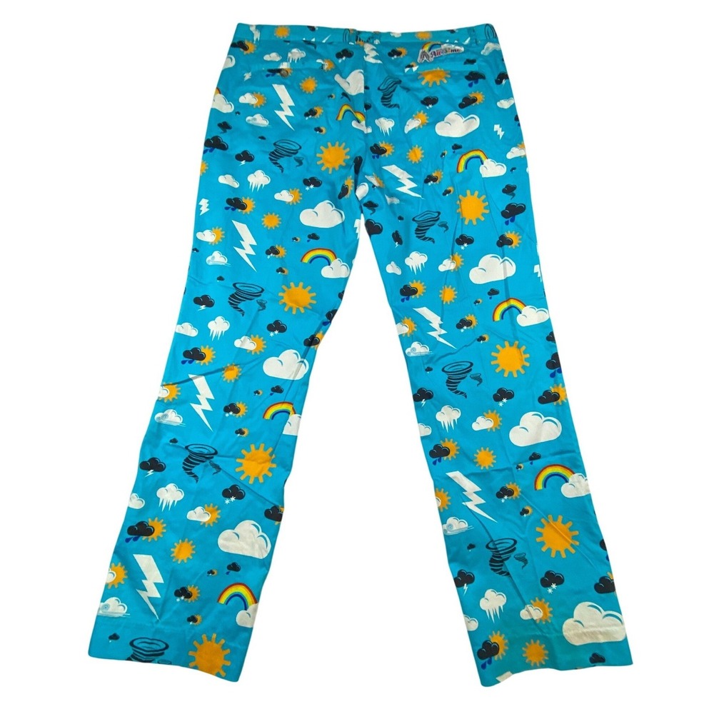 Royal & Awesome Mens Blue Weather Print Golf Pants Rainbow Lightning Tornado Sun
